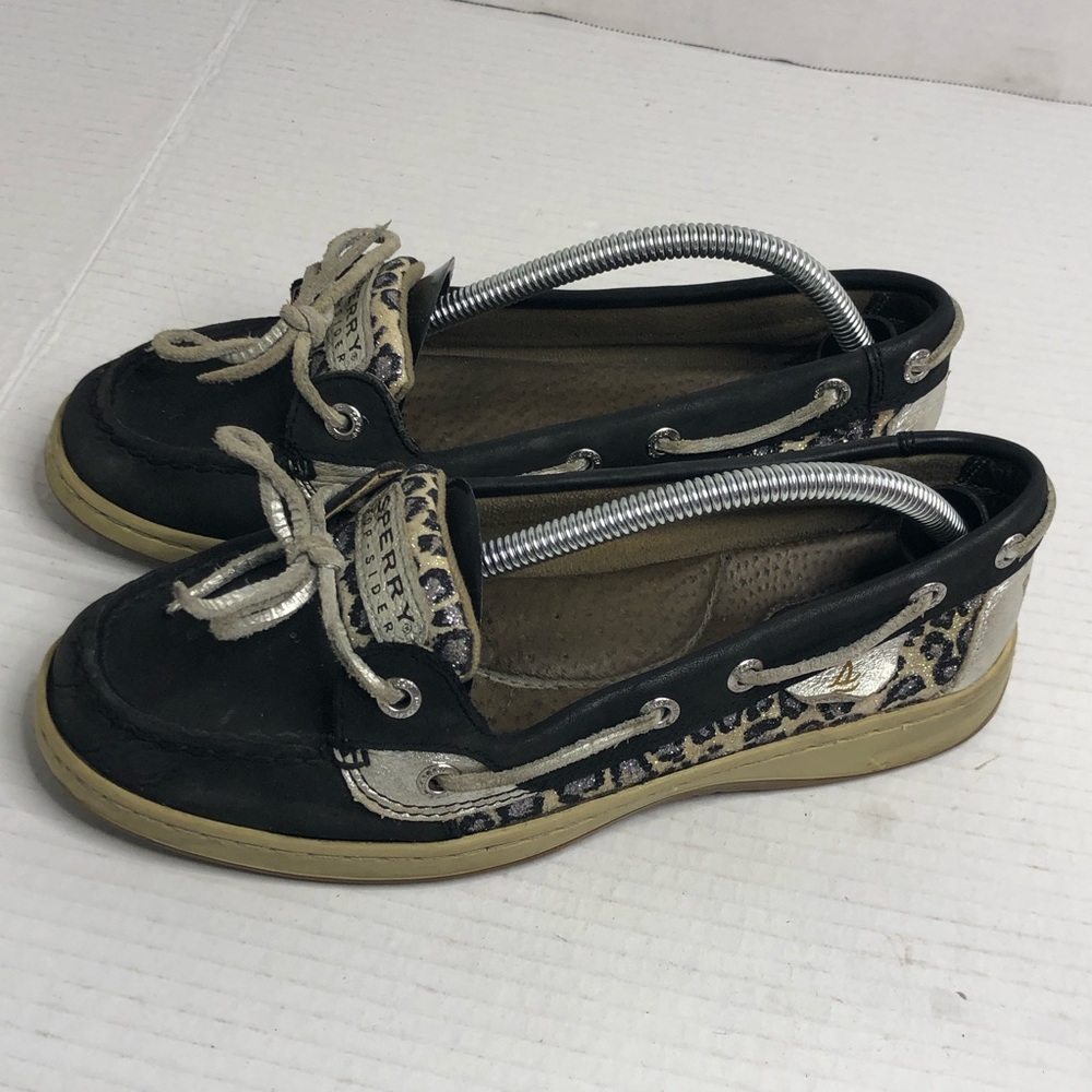 Sperry Loafers Womens 7 Top Sider Sparkly Black & Silver Leopard Boat Mocassins